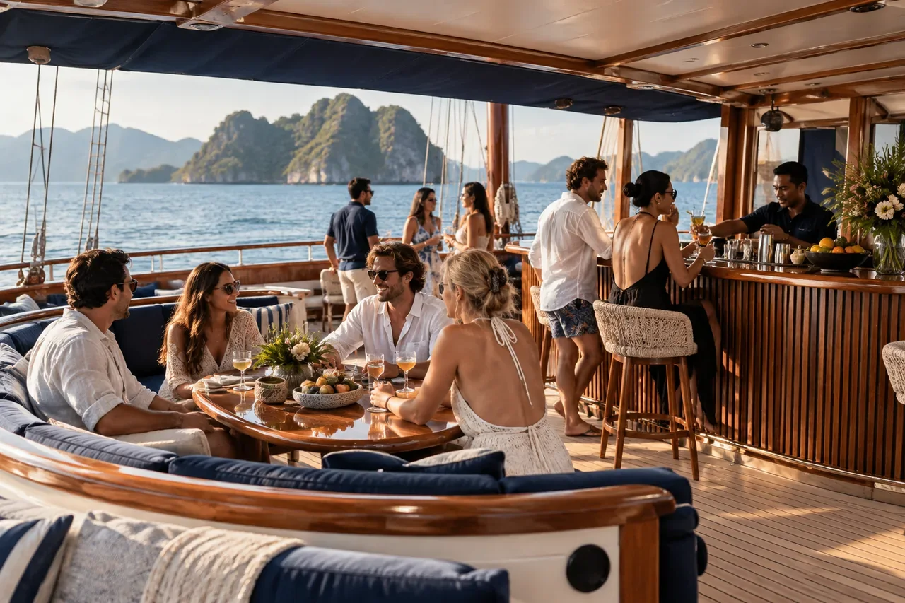 A bar and lounge area with guests talking — AI-generated illustration