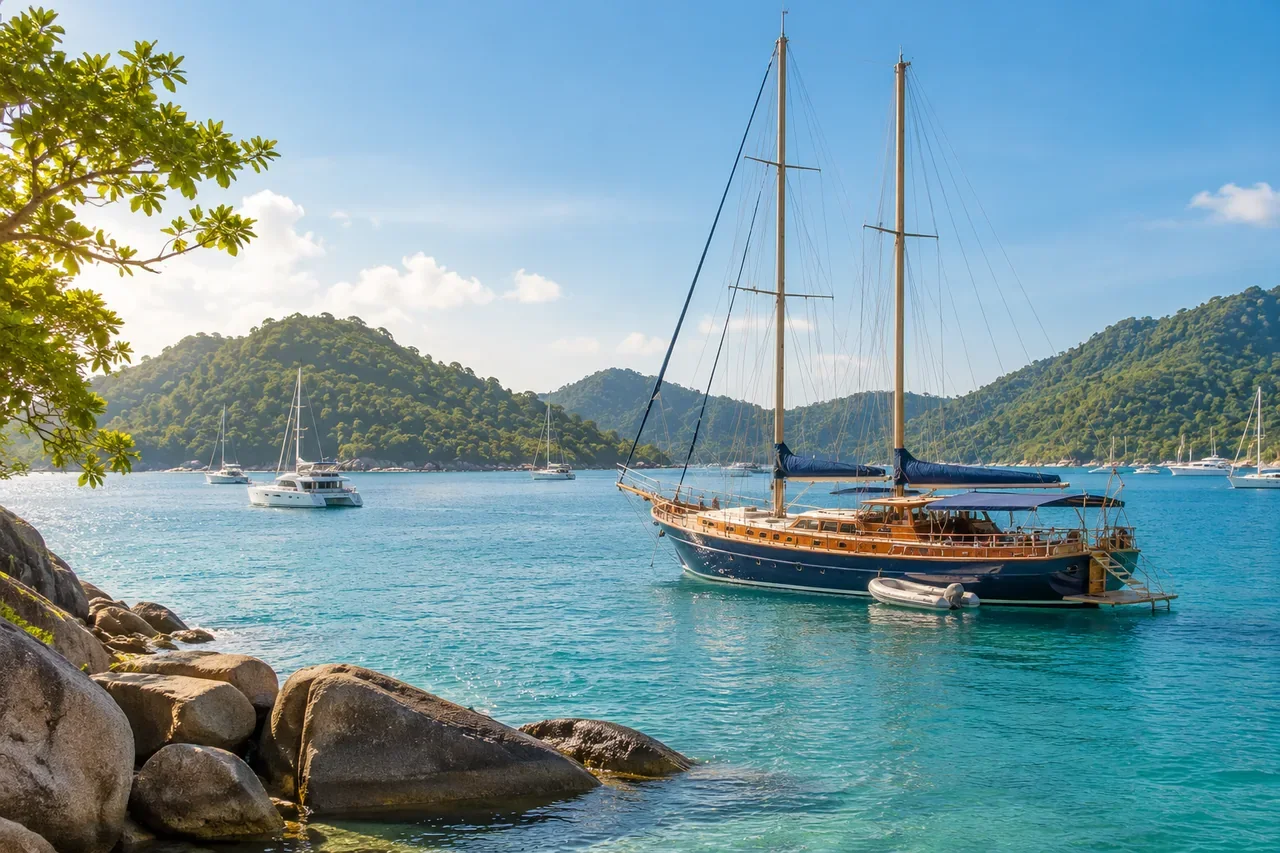 A bay with boats at the end of the journey — AI-generated illustration