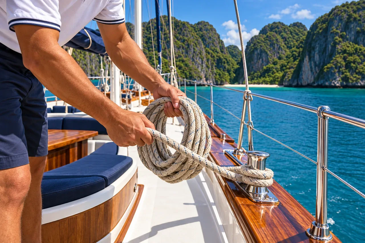 A crew member coiling a line — AI-generated illustration