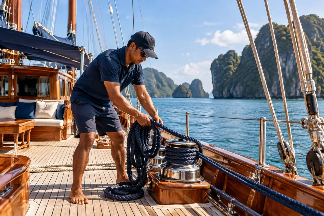 A crew member preparing lines — AI-generated illustration