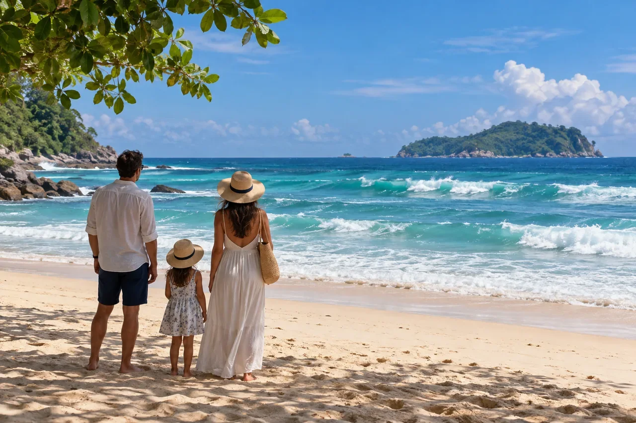 A family watching the sea from the sand — AI-generated illustration