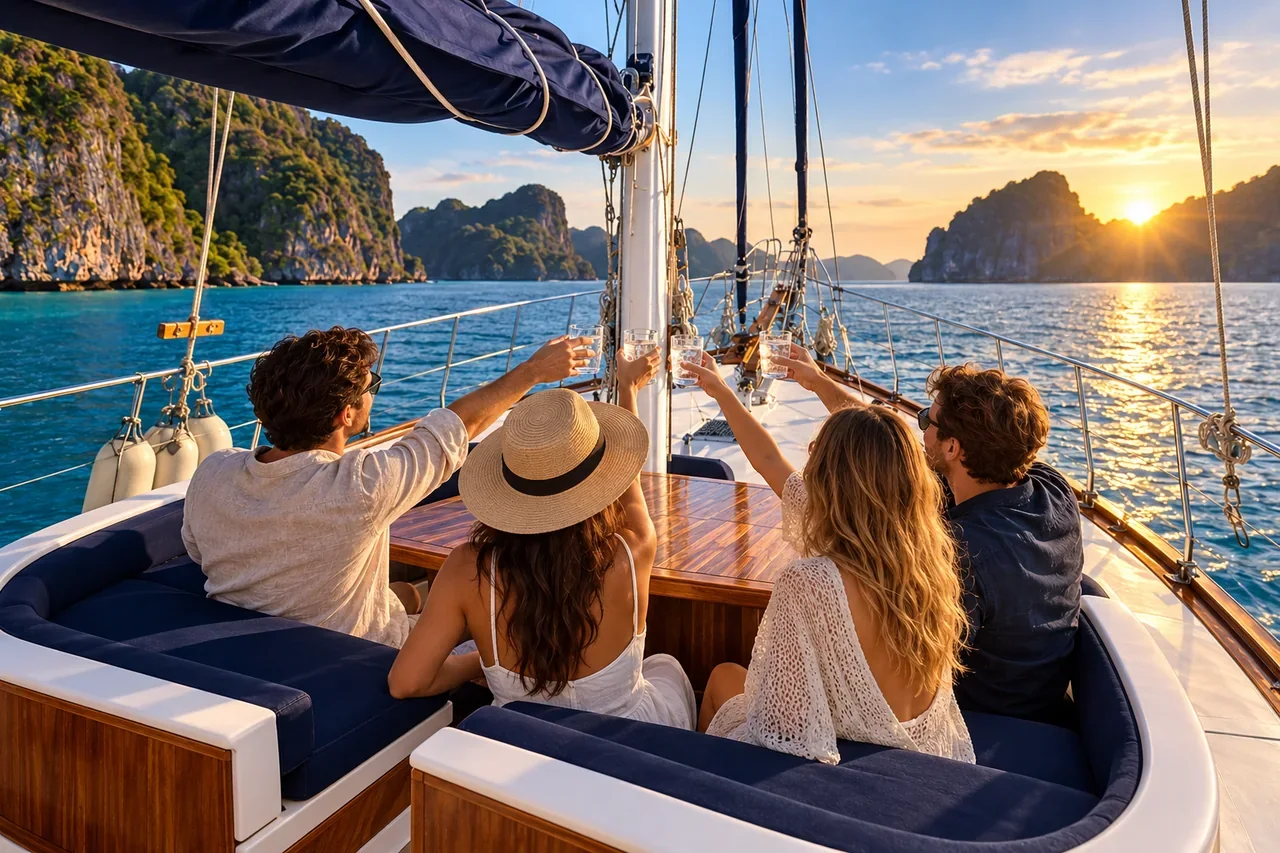A group raising glasses on deck (no brand labels) for New Year yacht charter planning — AI-generated illustration
