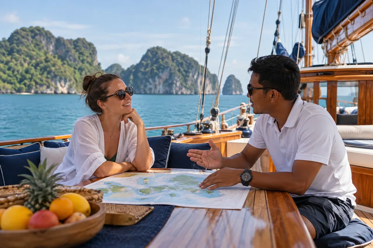 A guest talking with a crew member about the day — AI-generated illustration