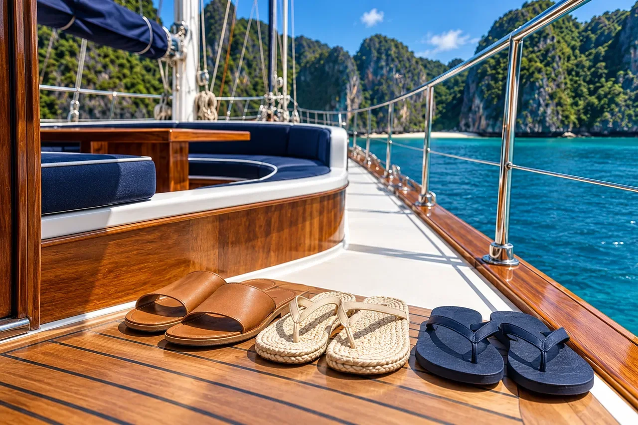A neat row of sandals near a gangway for yacht charter etiquette planning — AI-generated illustration