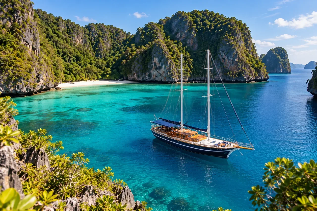 A quiet anchorage in the low season for Phuket high season planning — AI-generated illustration
