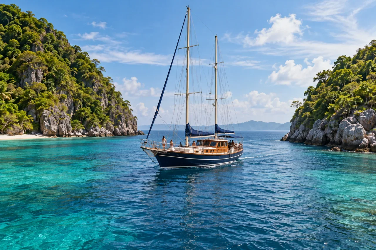 A sailing vessel between two islands — AI-generated illustration