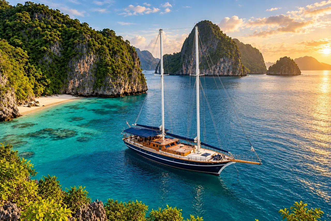 A sailing yacht at anchor in soft late-season light for Phuket weather in November planning — AI-generated illustration