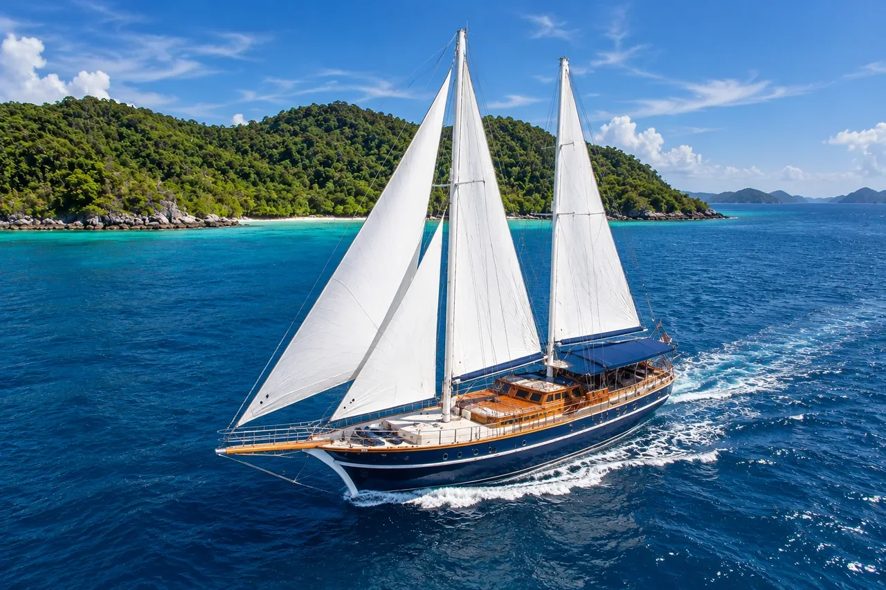 A sailing yacht under blue sky for Phuket weather in December planning — AI-generated illustration