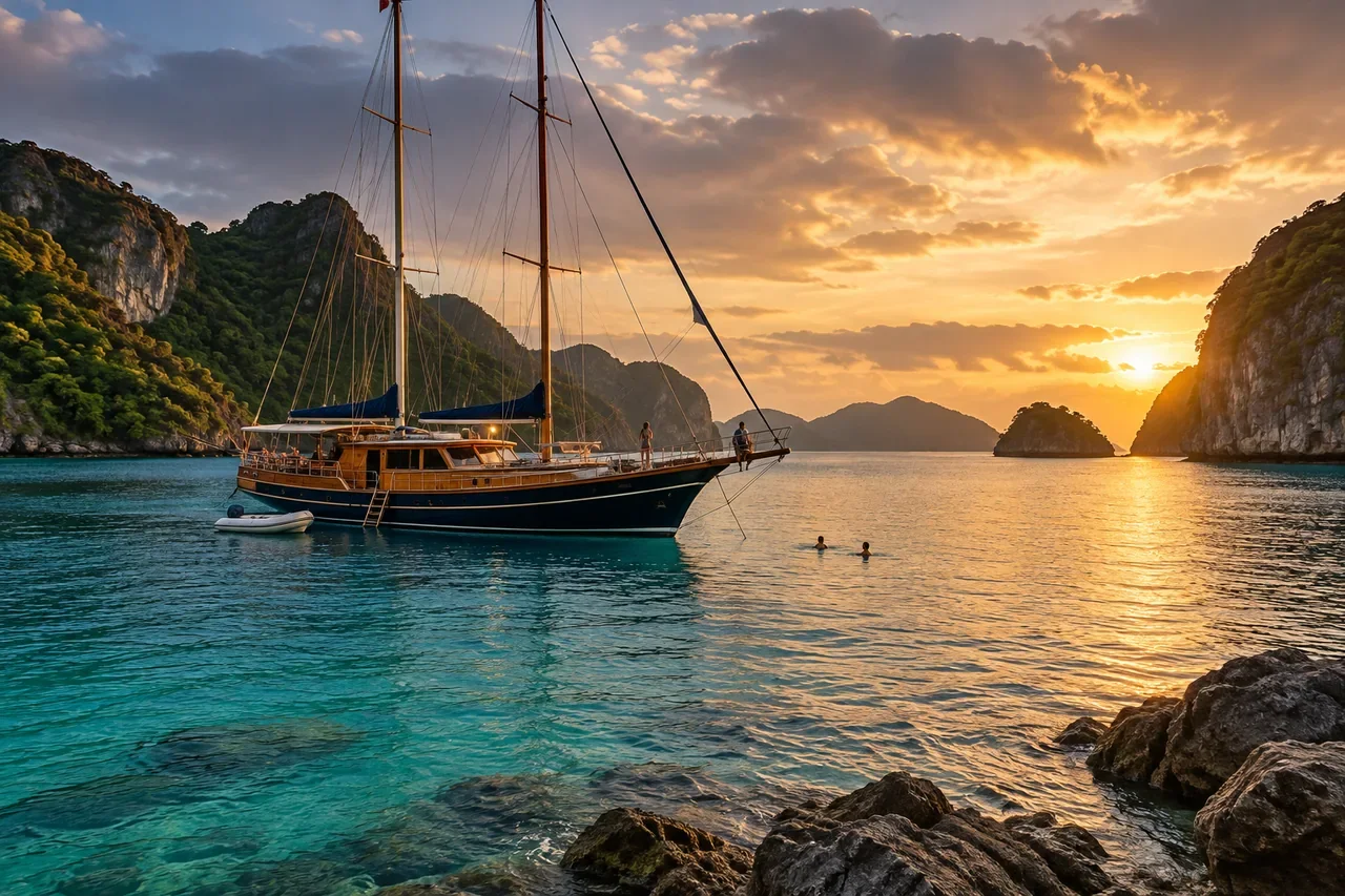 A sheltered anchorage in changing light — AI-generated illustration
