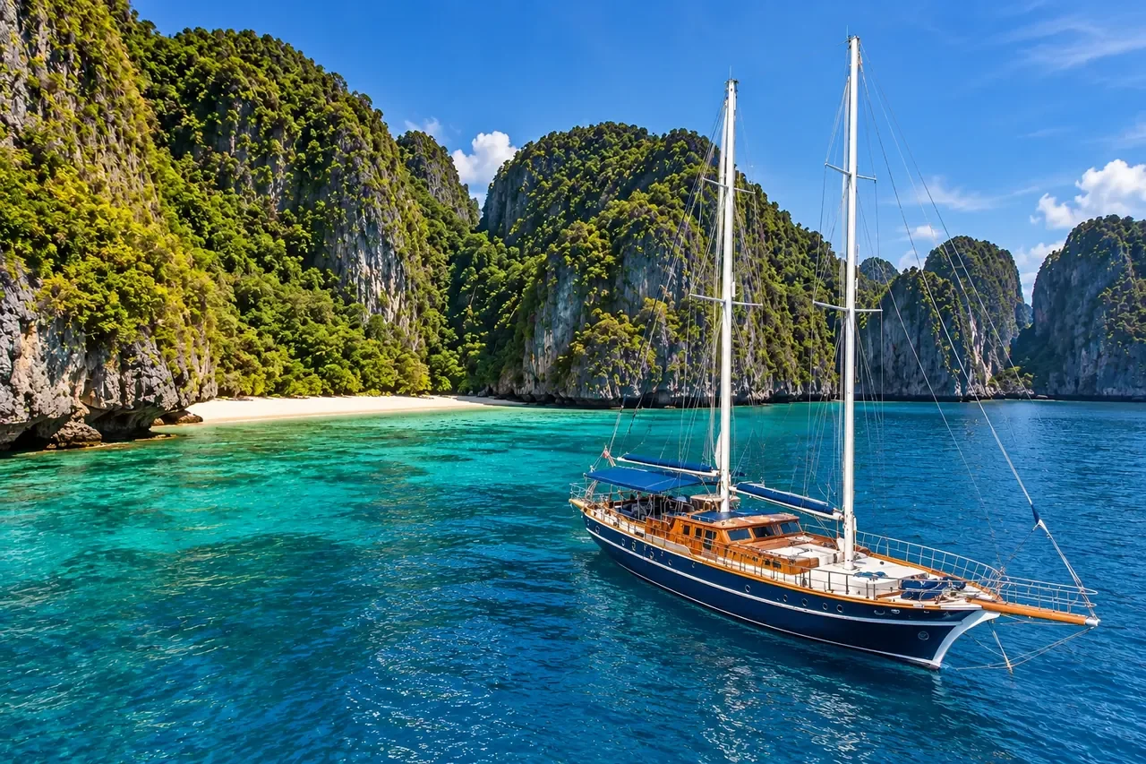 A sheltered swimming spot beside a yacht — AI-generated illustration