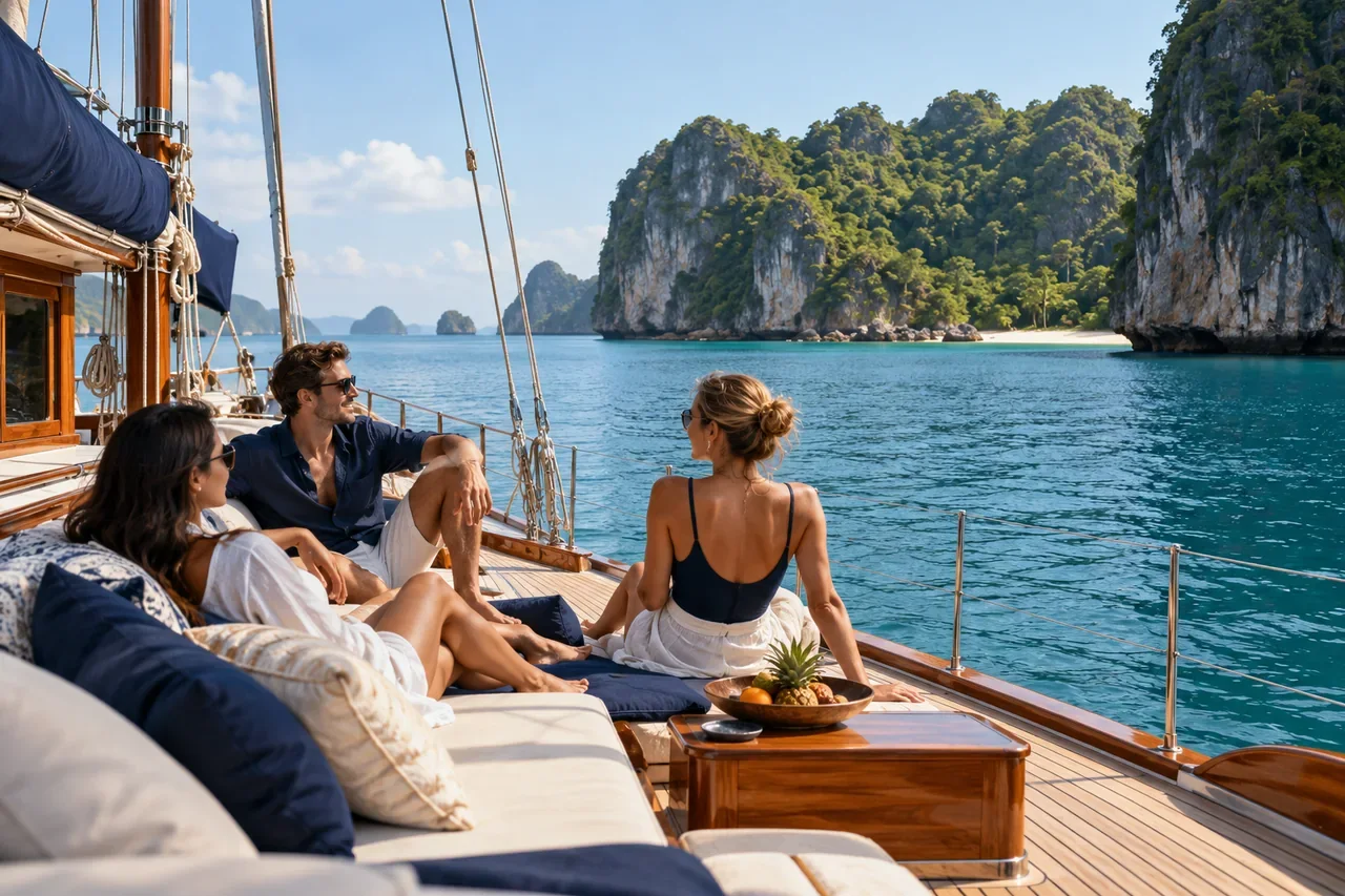 A small group relaxing on deck away from crowds — AI-generated illustration