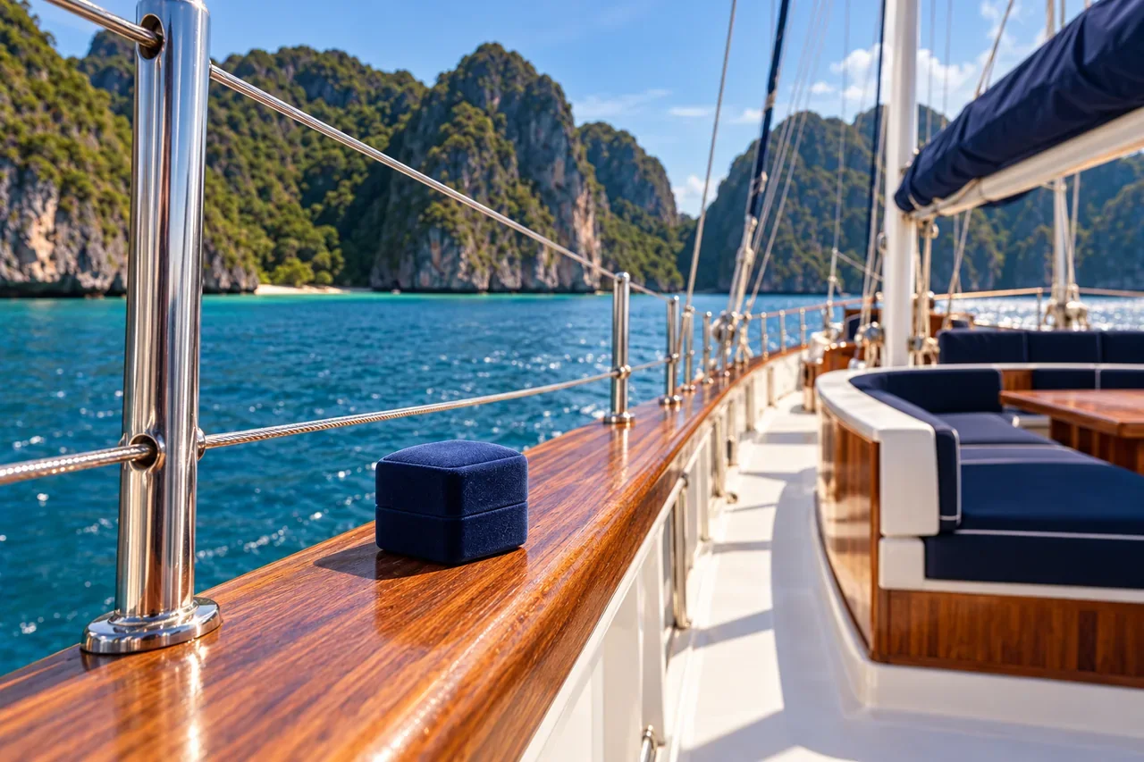 A small ring box on a wooden deck rail for proposal on a yacht planning — AI-generated illustration
