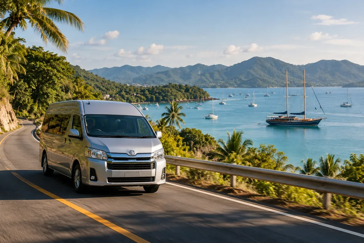 A taxi or van on a coastal road — AI-generated illustration