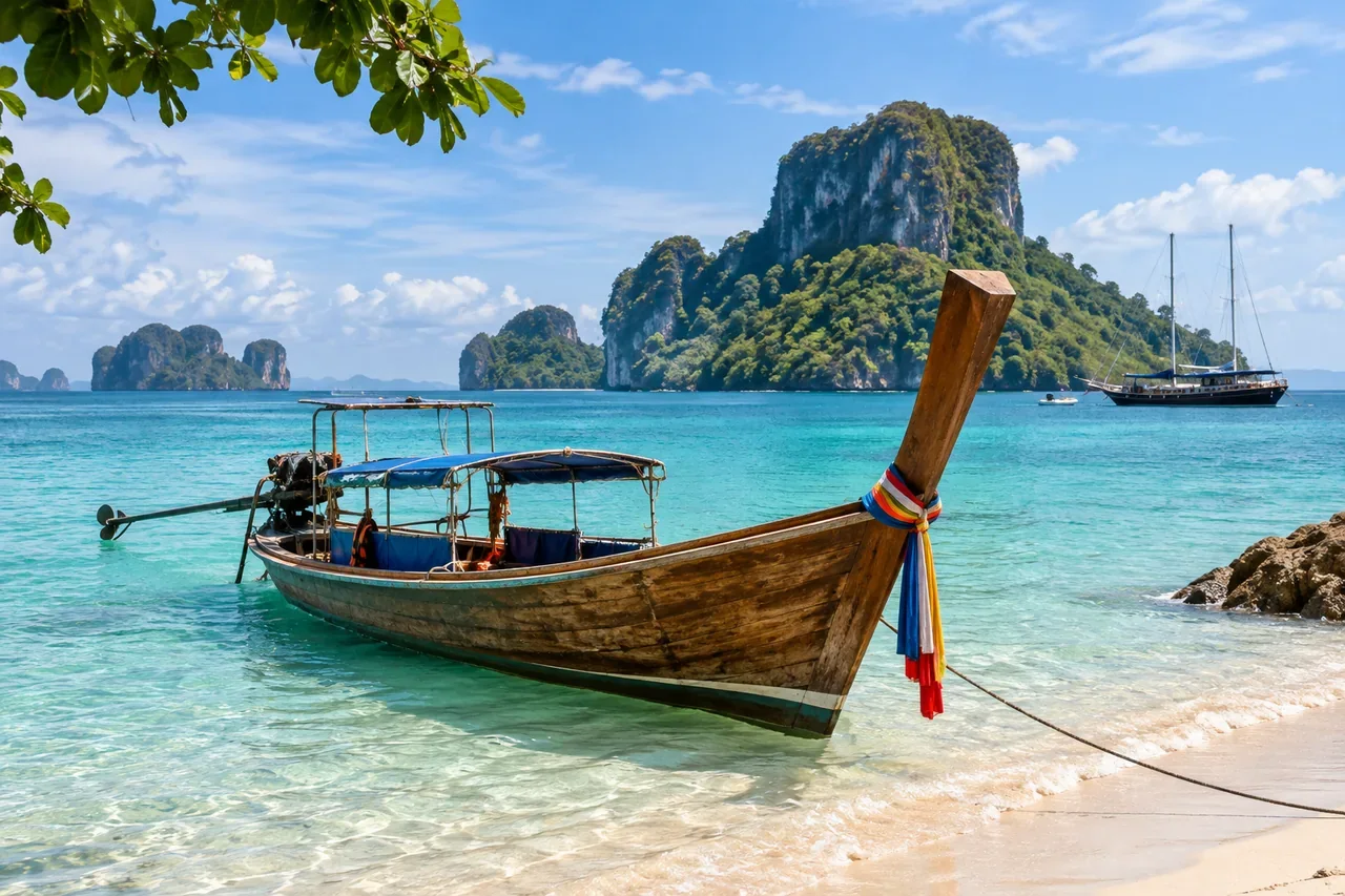 A traditional longtail boat at a beach — AI-generated illustration