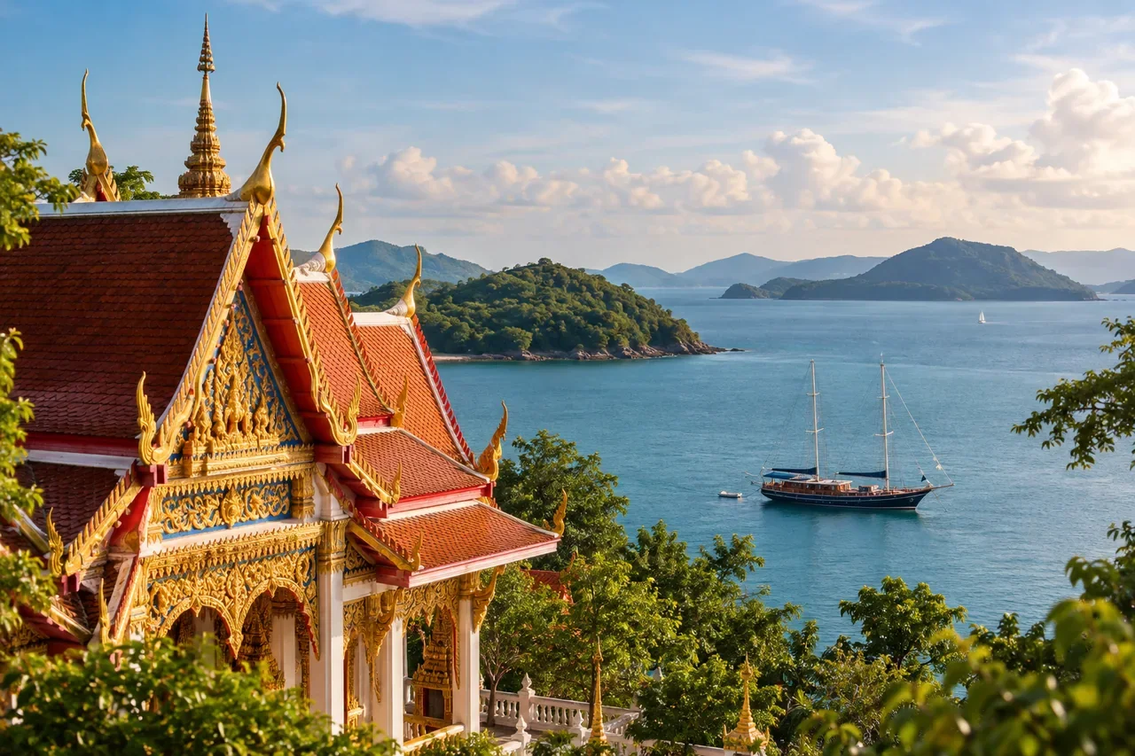 A traditional Thai temple roofline against the sky — AI-generated illustration