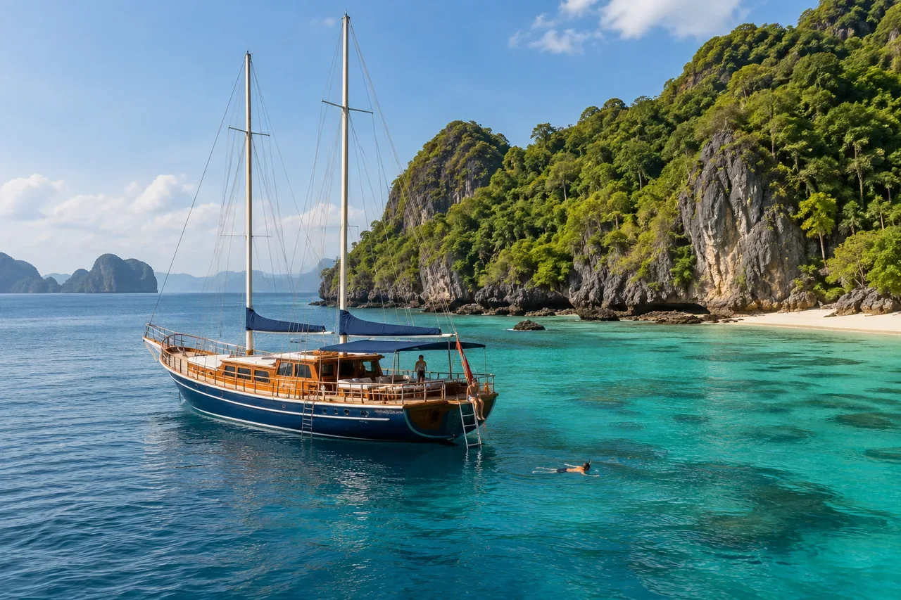 A wooden boat near a green island — AI-generated illustration