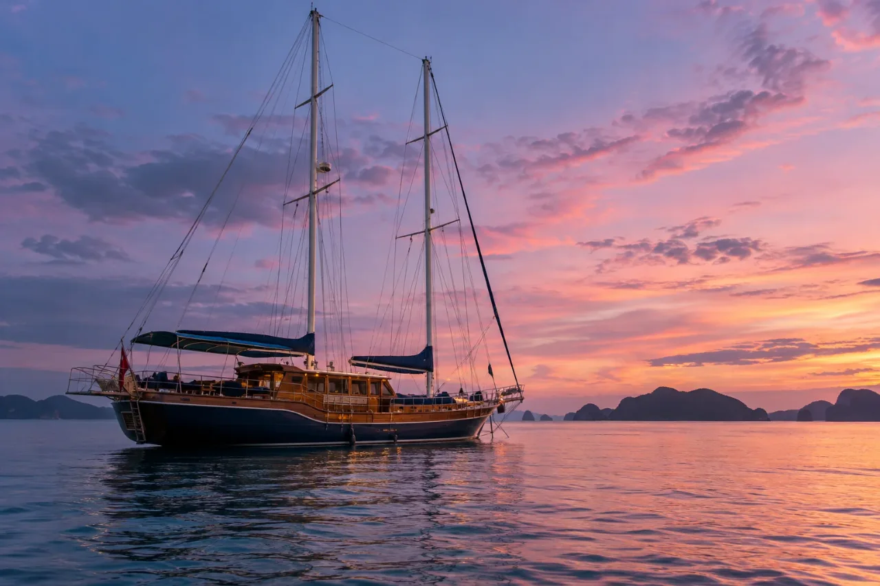 A wooden yacht against the afterglow — AI-generated illustration