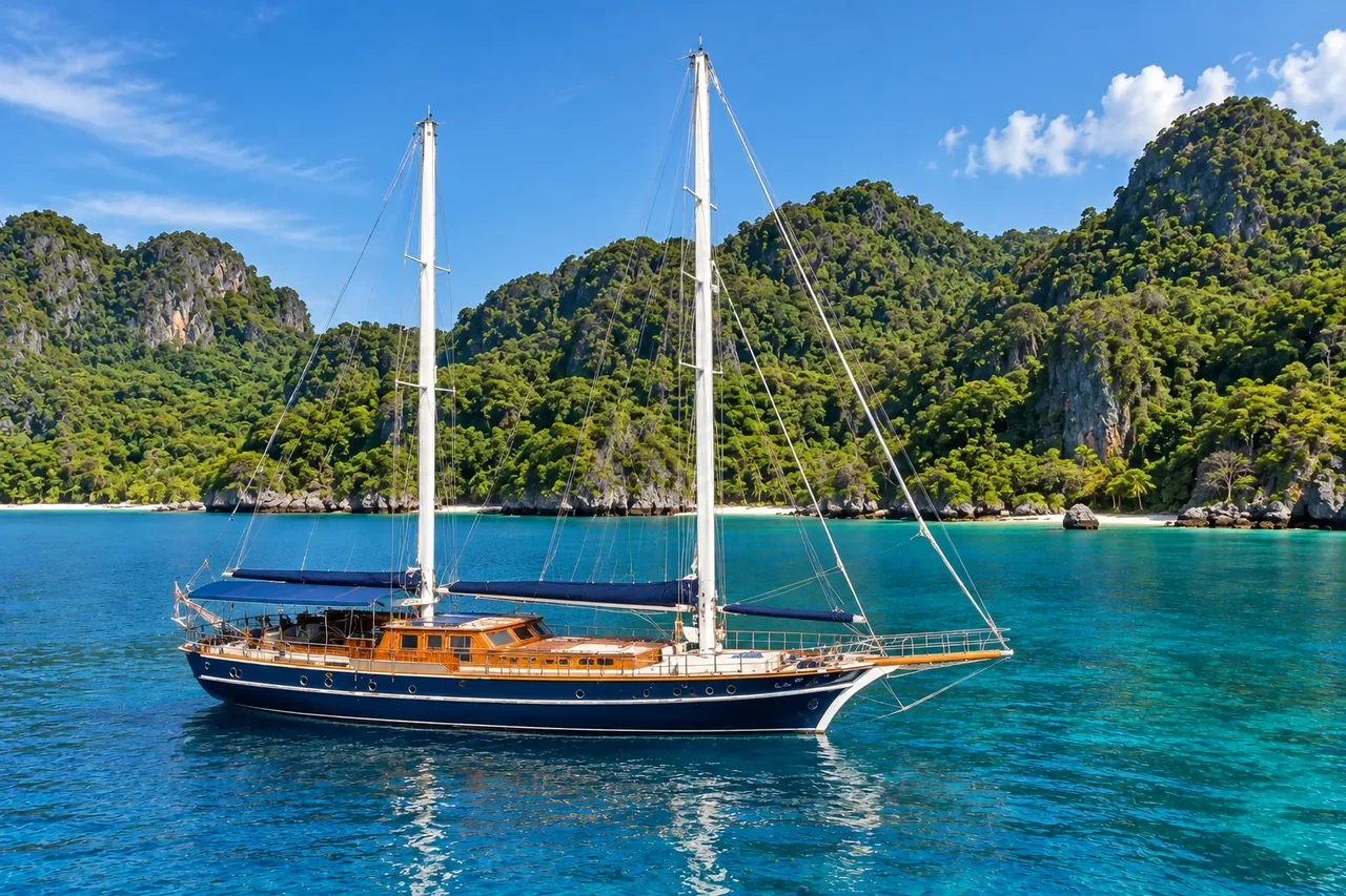 A yacht anchored in calm water — AI-generated illustration