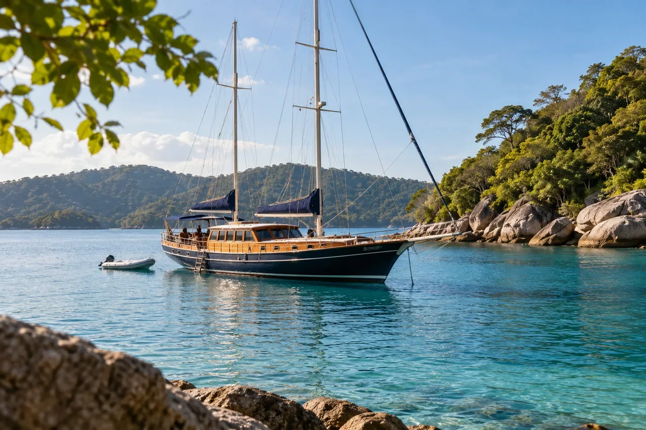 A yacht at anchor in a sheltered bay — AI-generated illustration