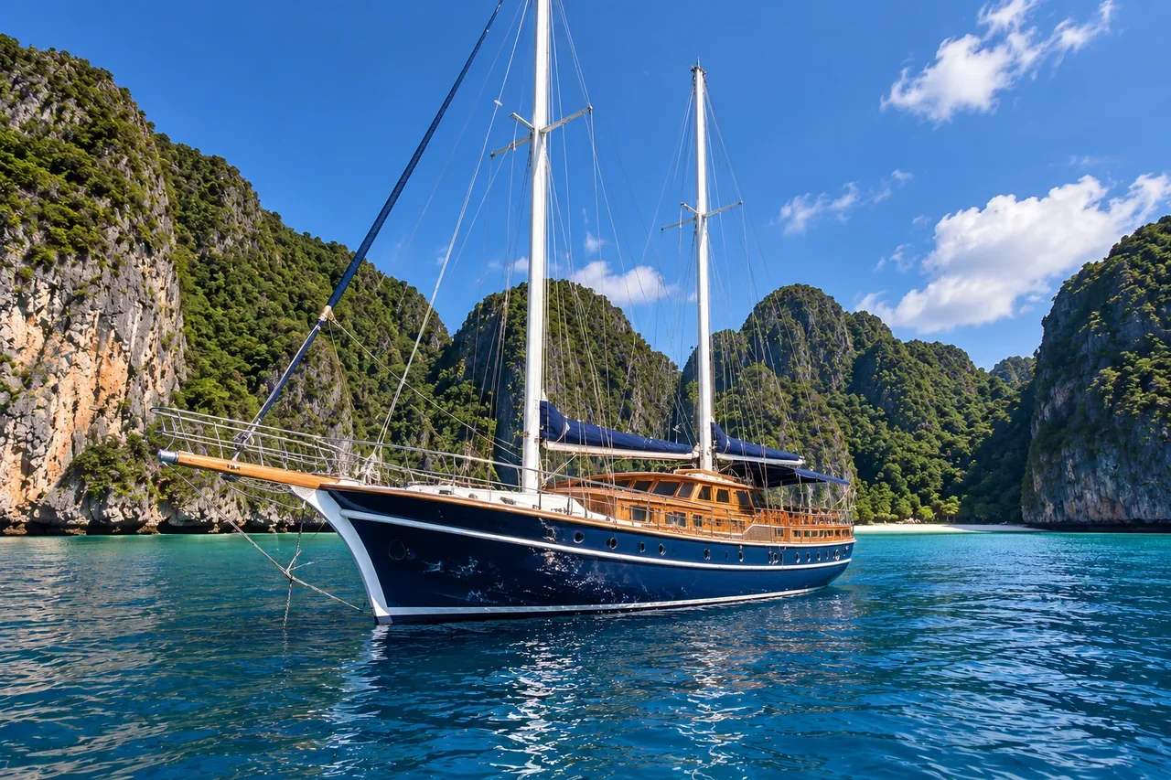 A yacht at anchor under a clear December sky — AI-generated illustration
