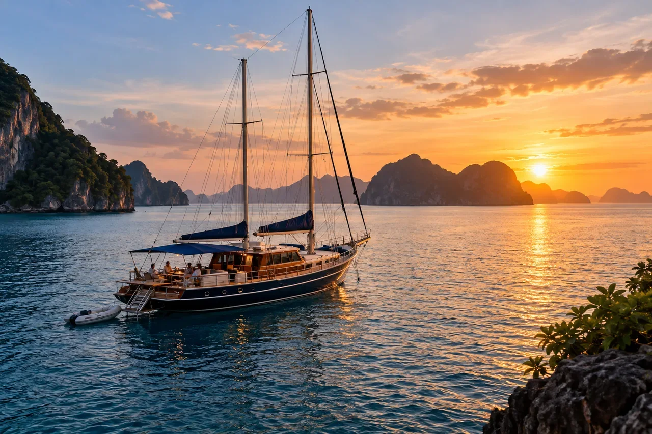 A yacht at anchor with a lit horizon — AI-generated illustration