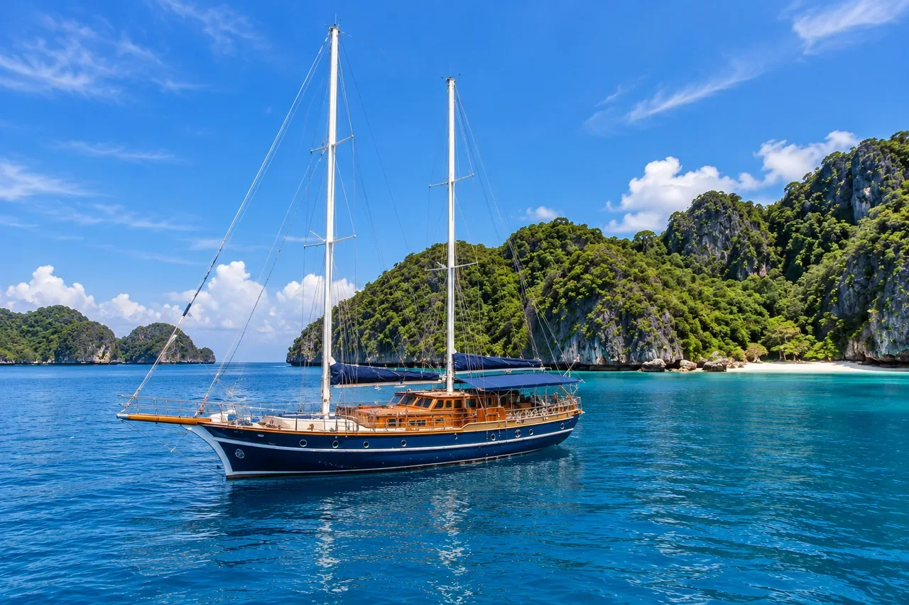 A yacht waiting in a calm bay — AI-generated illustration