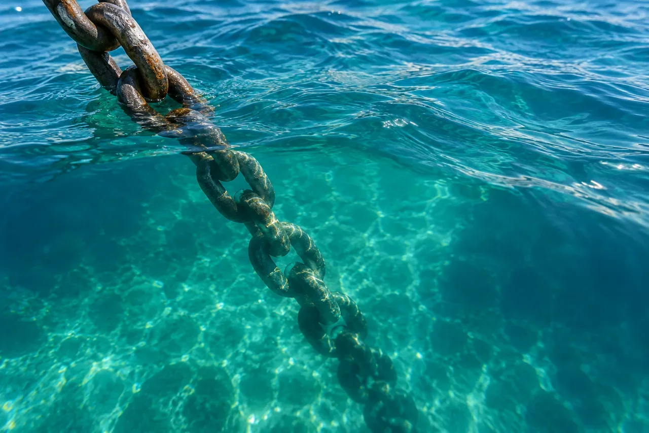 An anchor chain running into clear water for yacht charter glossary planning — AI-generated illustration