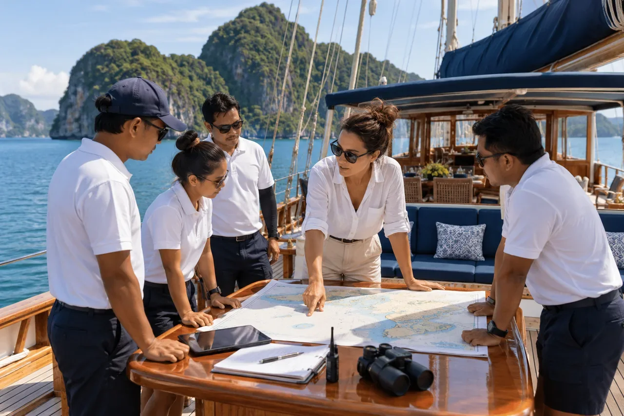An organiser sharing a plan with the crew — AI-generated illustration
