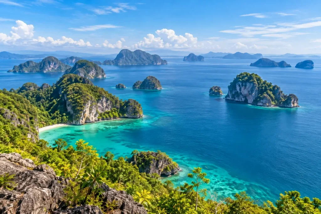 A wide view of blue sea and limestone islands for Andaman Sea planning — AI-generated illustration