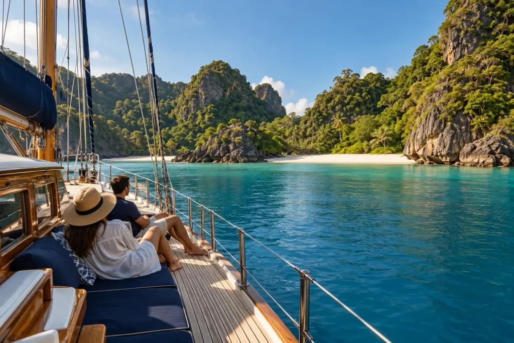 A quiet stretch of beach seen from a yacht for avoid the crowds planning — AI-generated illustration