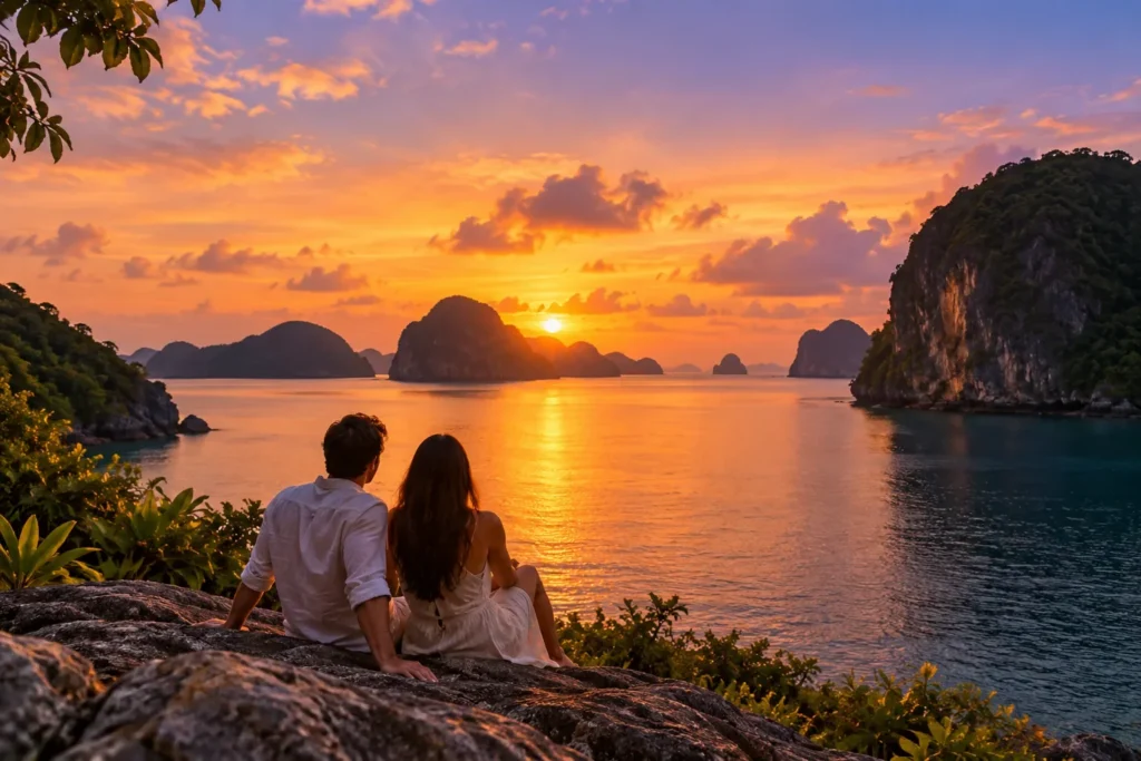 A festive evening glow over calm water (no fireworks) for New Year yacht charter planning — AI-generated illustration