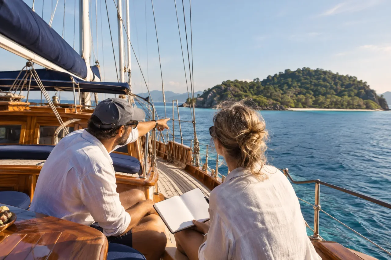 Discussing the island-day plan with the skipper — AI-generated illustration