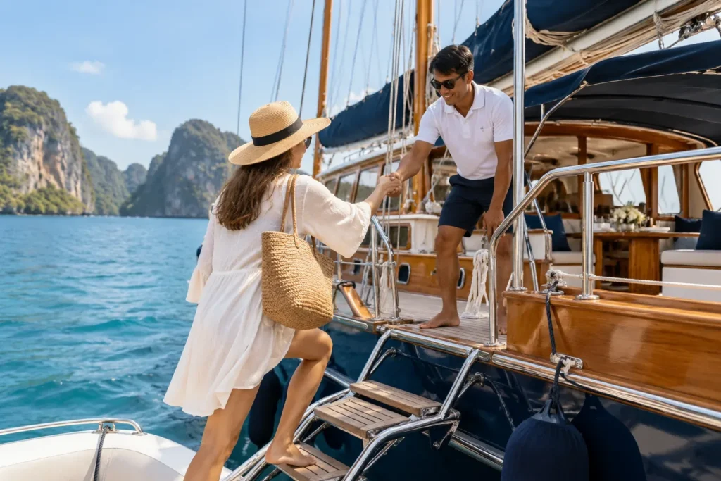 A first-time guest stepping aboard for first time yacht charter planning — AI-generated illustration