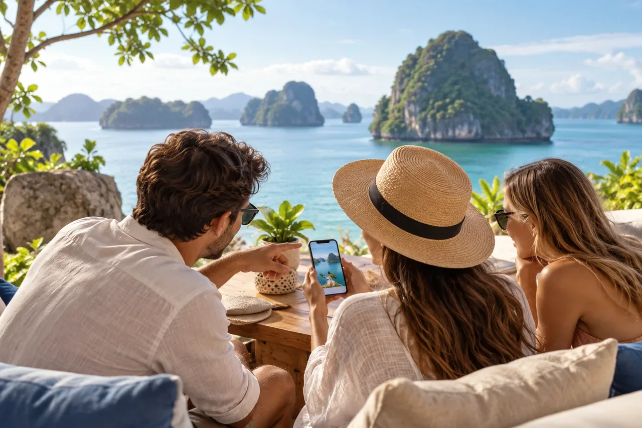 Friends planning a holiday day on a phone — AI-generated illustration