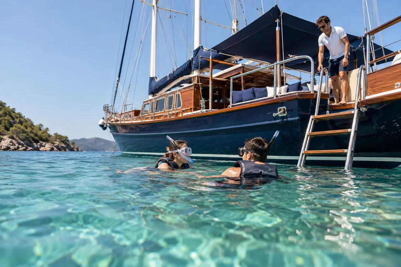 Getting comfortable in the water beside the yacht — AI-generated illustration