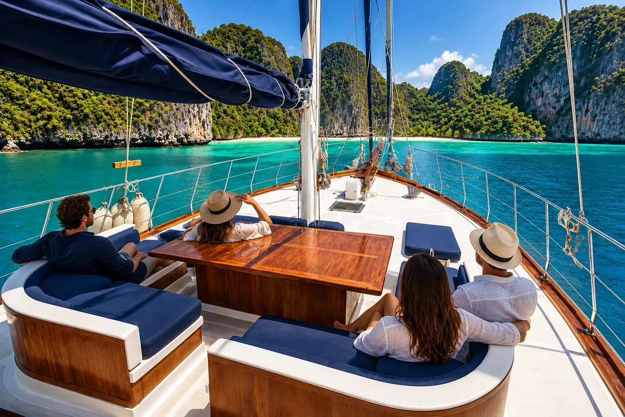 Guests in shade on a wooden deck — AI-generated illustration
