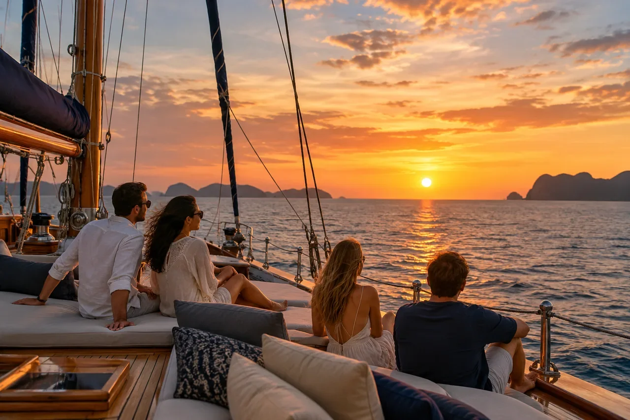 Guests watching the horizon from the deck — AI-generated illustration