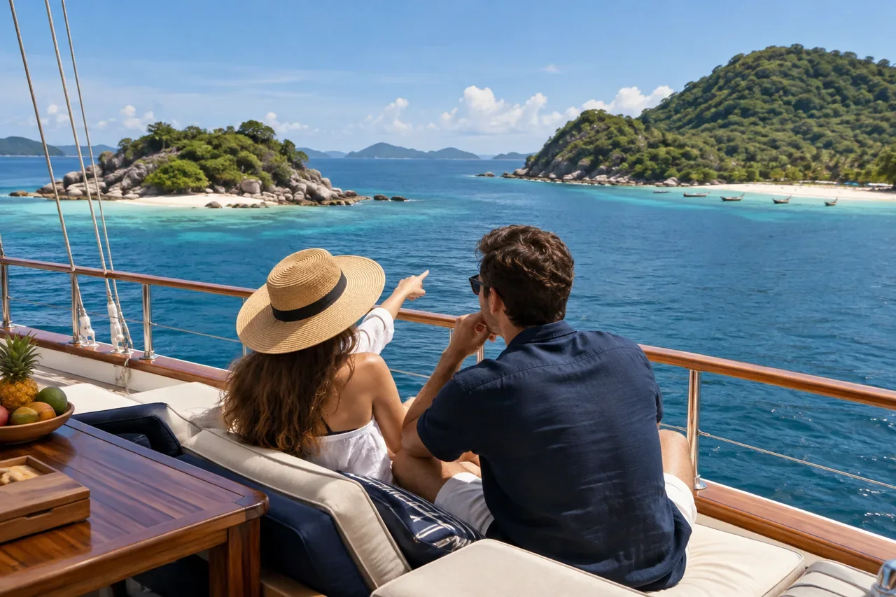 Guests weighing two island options — AI-generated illustration