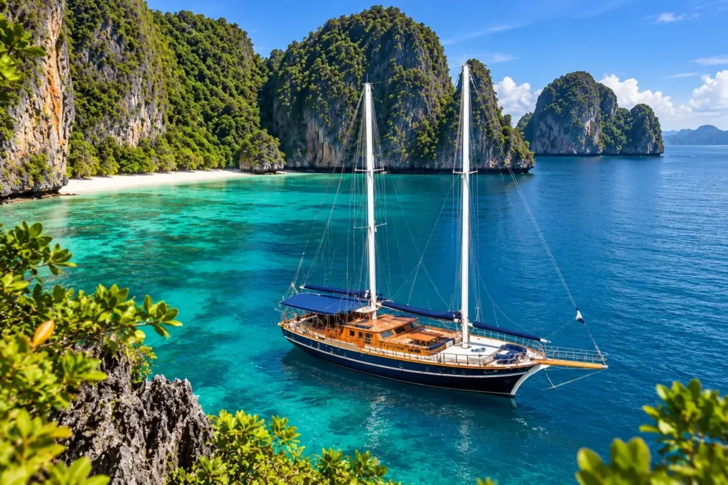 A two-mast wooden gulet at anchor for gulet vs catamaran planning — AI-generated illustration