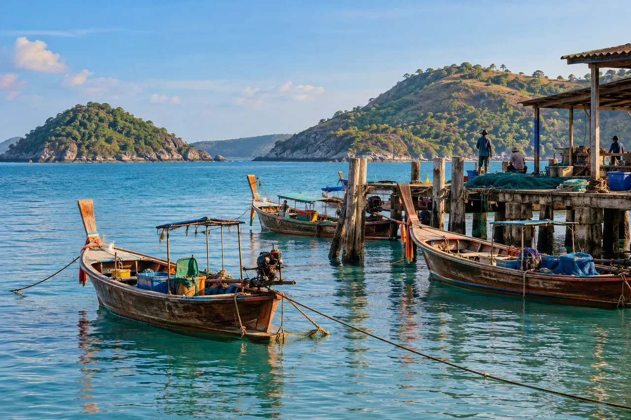 Long-tail boats moored near a fishing pier — AI-generated illustration