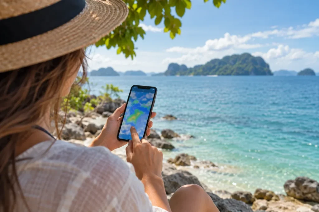 Someone checking a forecast on a phone by the sea for marine forecast planning — AI-generated illustration