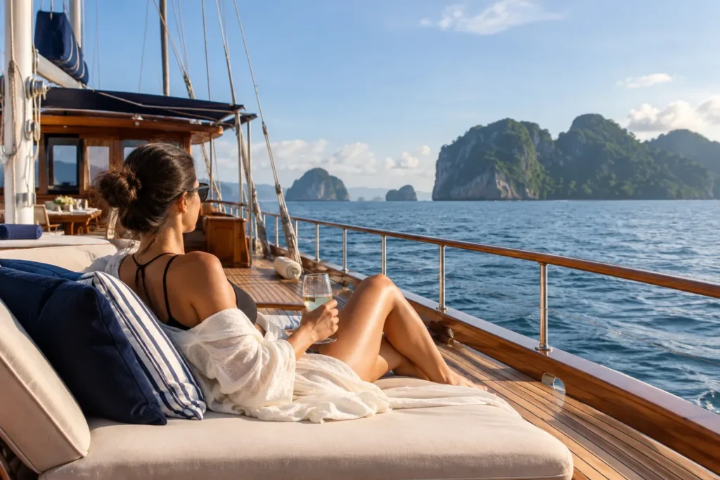 A guest relaxing on deck with a clear view of the sea for non-swimmers planning — AI-generated illustration