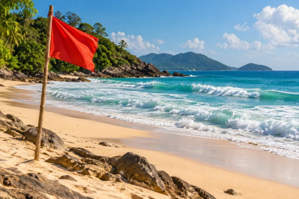 A red warning flag on a tropical beach (illustrative, no readable text) for Phuket beach safety planning — AI-generated illustration
