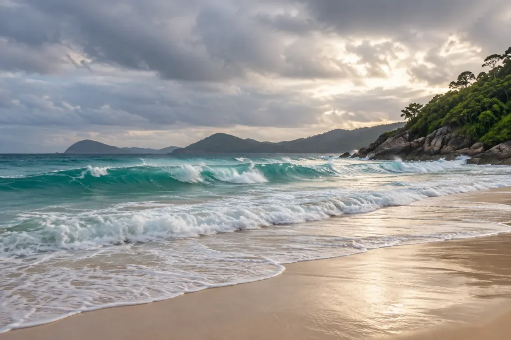 Waves on an open west-facing beach for west coast planning — AI-generated illustration