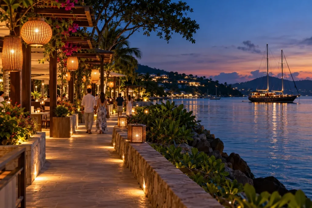 Fixed decorative lanterns along a tropical waterfront at blue hour for Phuket festivals planning — AI-generated illustration