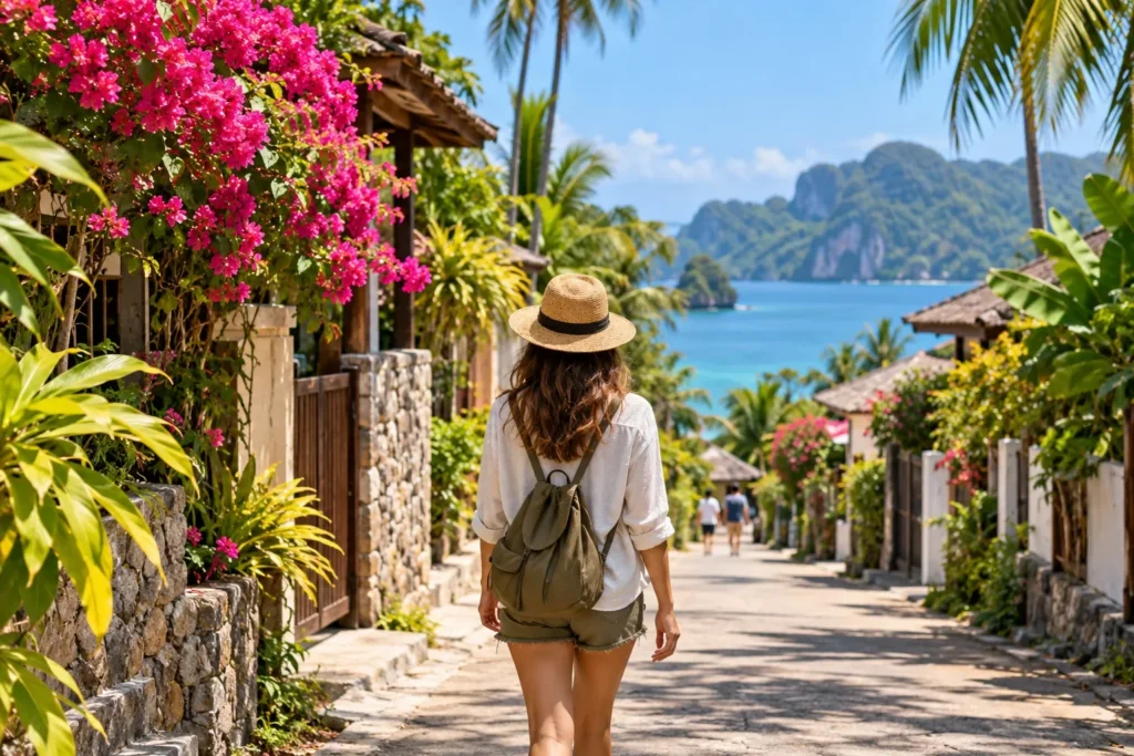 A traveller with a small bag on a tropical street for first time in Phuket planning — AI-generated illustration