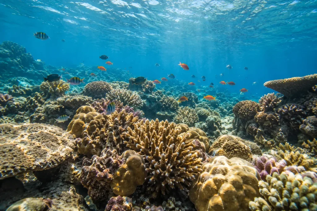 Colourful reef fish over hard coral for Phuket marine life planning — AI-generated illustration