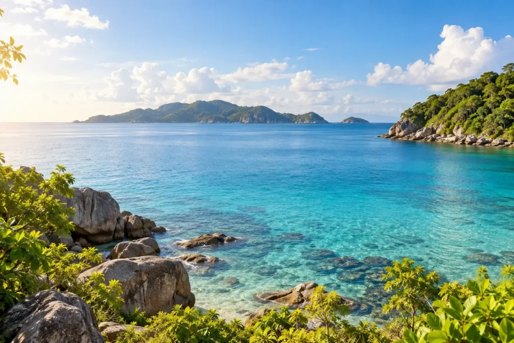 A bright December morning over a clear bay for Phuket weather in December planning — AI-generated illustration