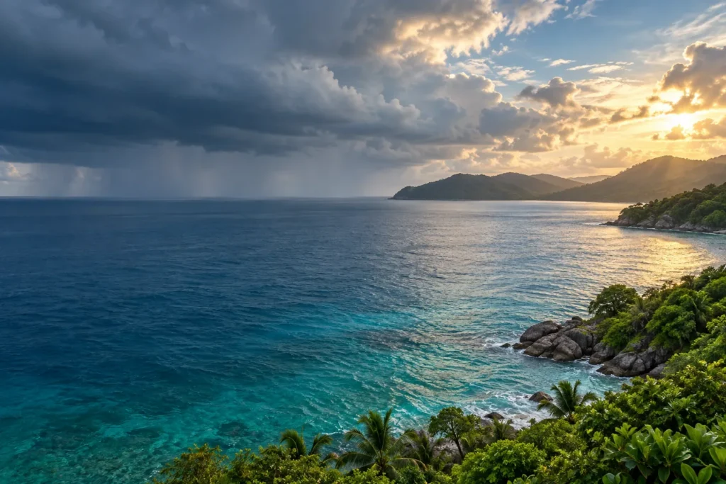 Clearing sky over the Andaman Sea after a passing shower for Phuket weather in November planning — AI-generated illustration