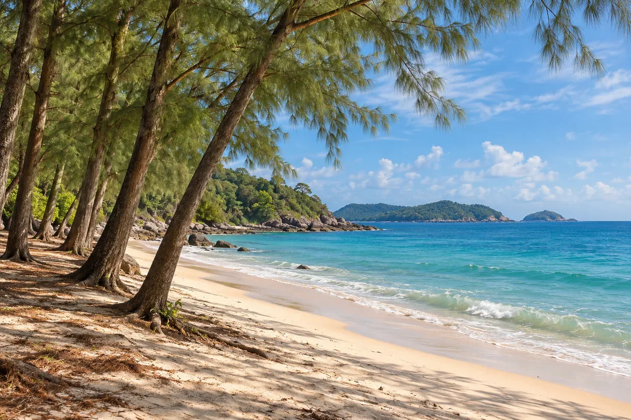 Pine trees along a quiet beach — AI-generated illustration